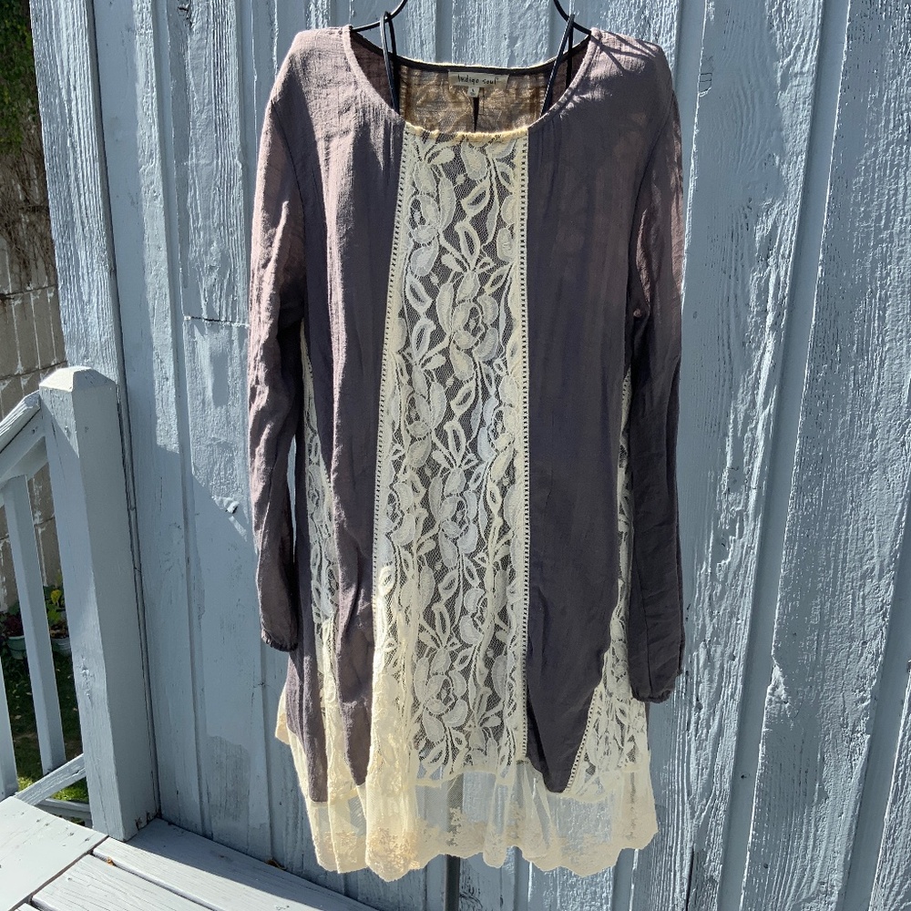 Indigo Soul Tunic Blouse/Short Dress w/Lace Ruffle Boho (Size L)-Grey